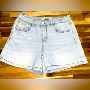 Judy Blue Light Blue Jean Shorts with Rainbow Stitching